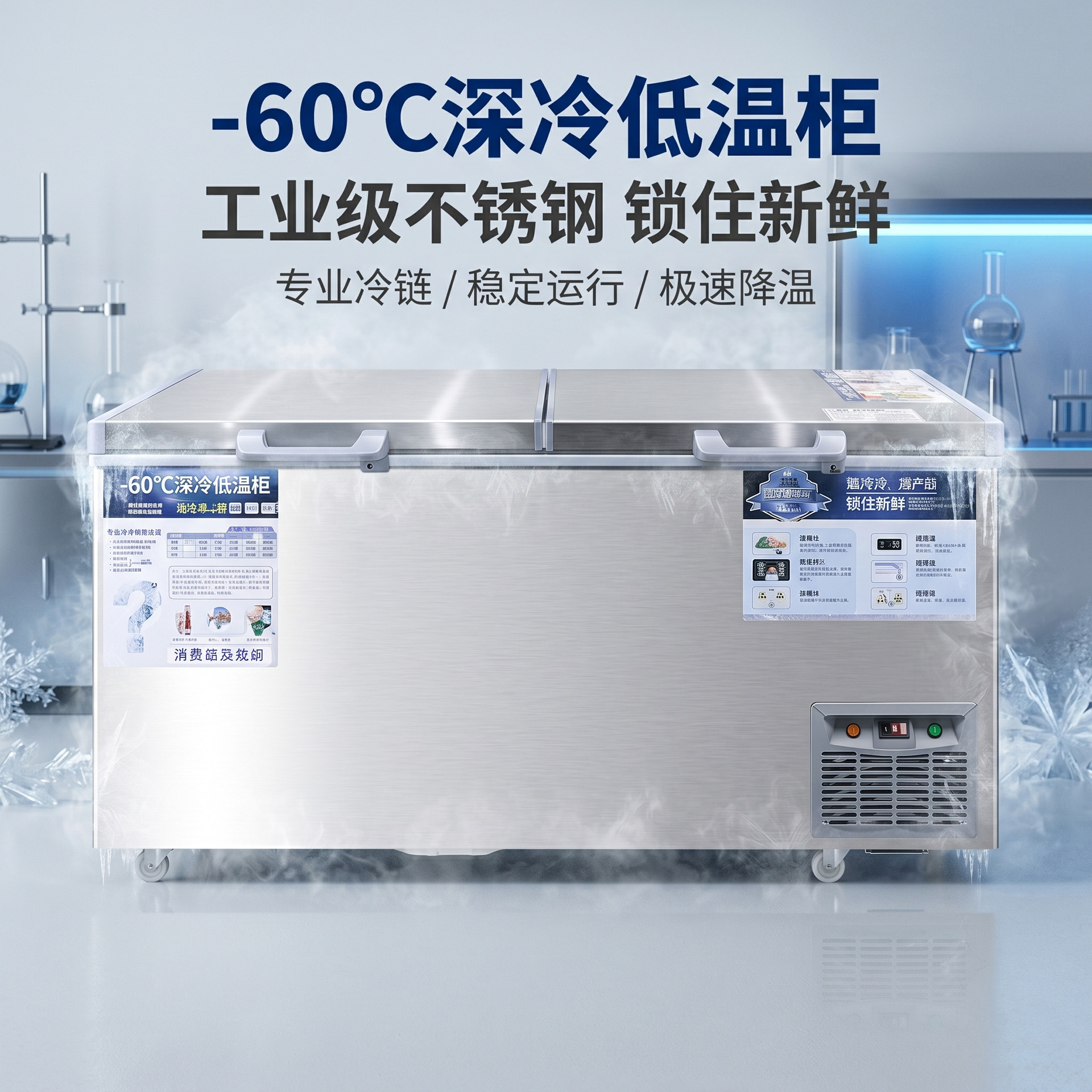 超低温冷柜-60℃不锈钢金枪鱼海鲜冷冻柜商用大容量卧式深冷速冻