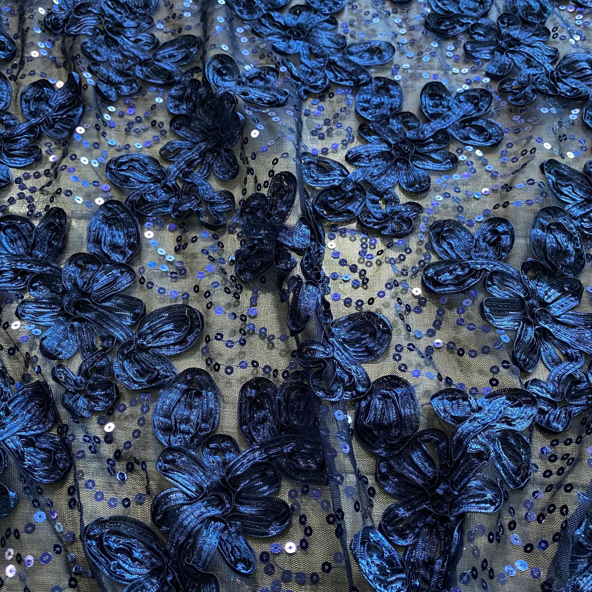 Factory stock of three-dimensional ribbon embroidered fabric, sequined lace fabric, flower-embroidered mesh fabric for women's evening gowns details Picture