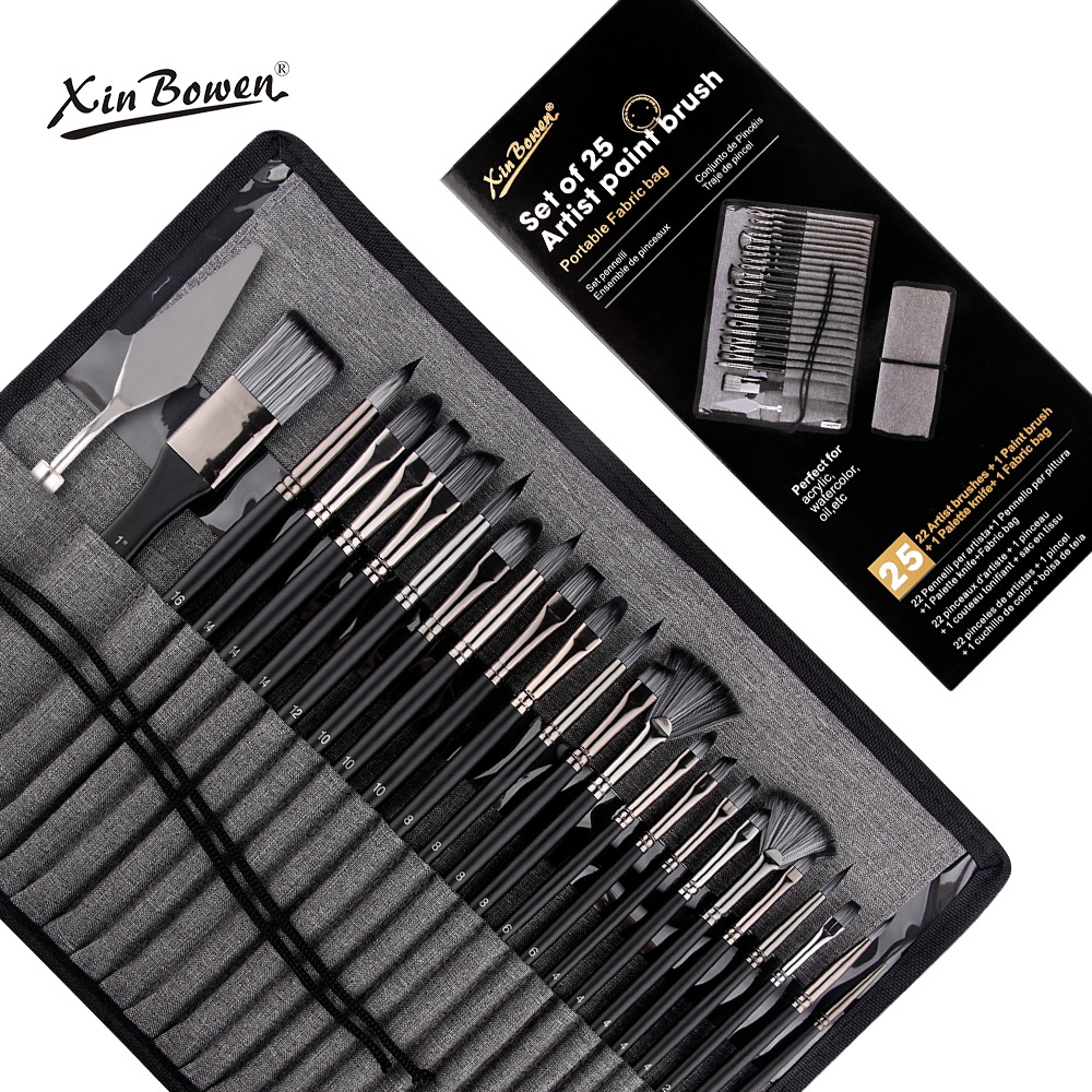 欣博文油画笔25件套木质画笔套装学生美术画笔跨境笔帘便携绘画套装美术用品批发