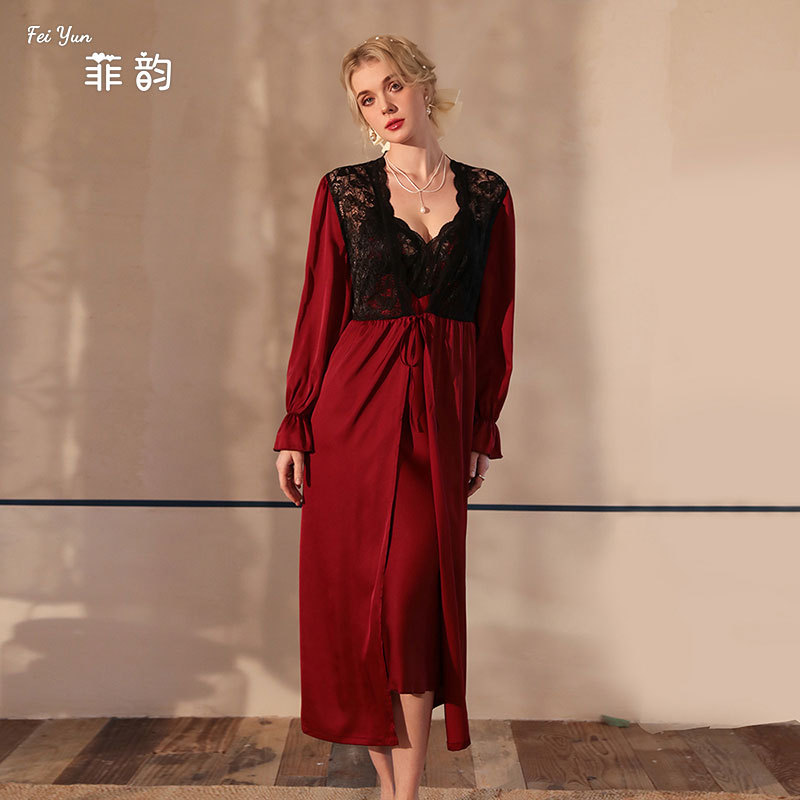 Feiyun Spring and Autumn's new satin pajamas for women, lace light luxury long-sleeved cool bathrobes and home wear for women 517 details Picture