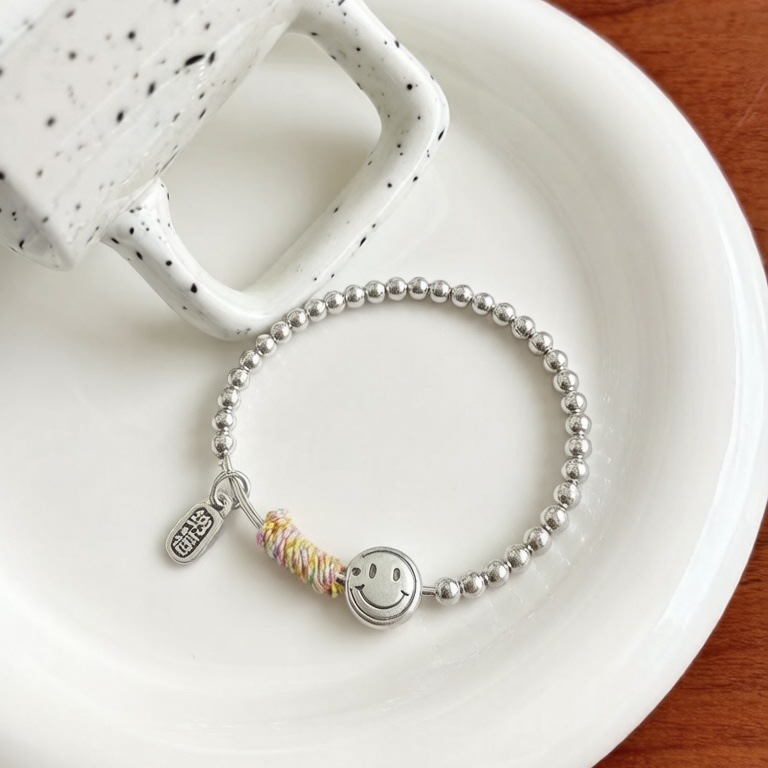 999 pure silver 3.6 smiling face silver bead bracelet for women's gift, Instagram, simple and versatile elastic string bracelet details Picture