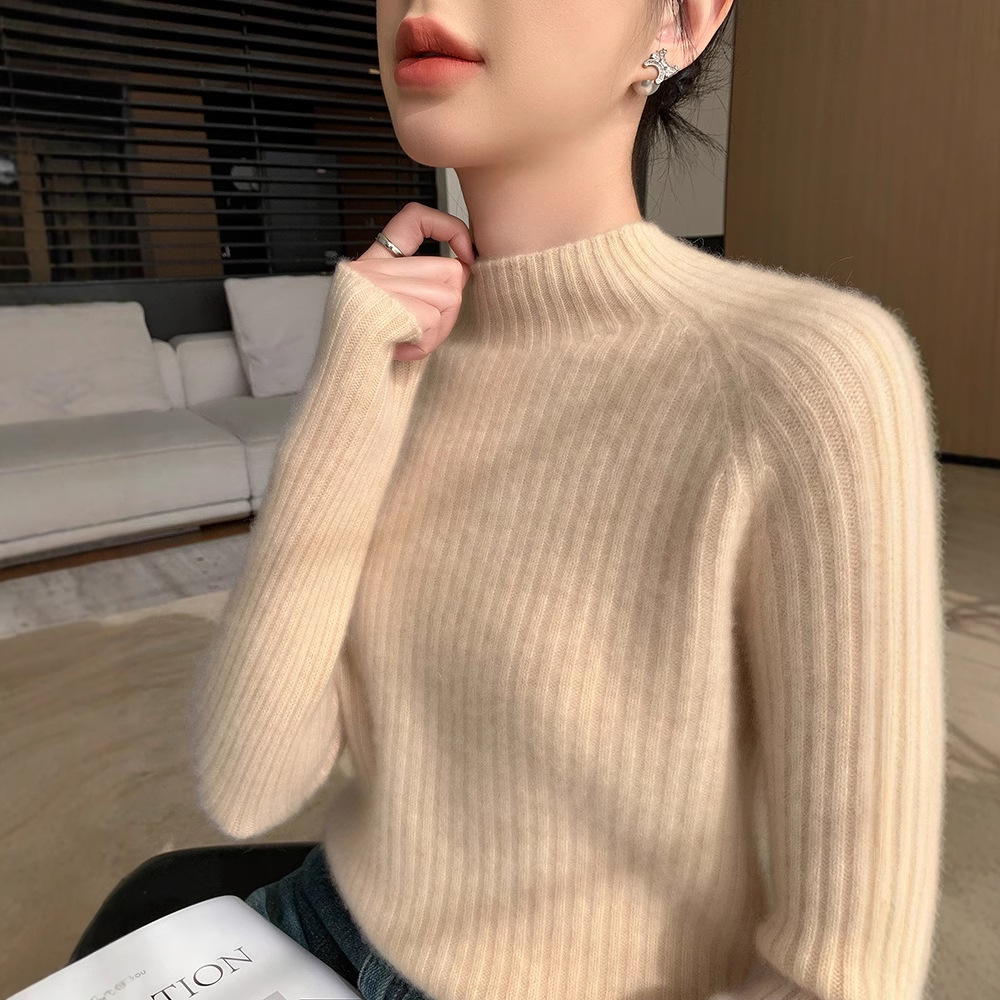 100% cashmere semi-high-neck cashmere sweater for women in autumn and winter, long-sleeved knitted base layer, thick warm sweater for women