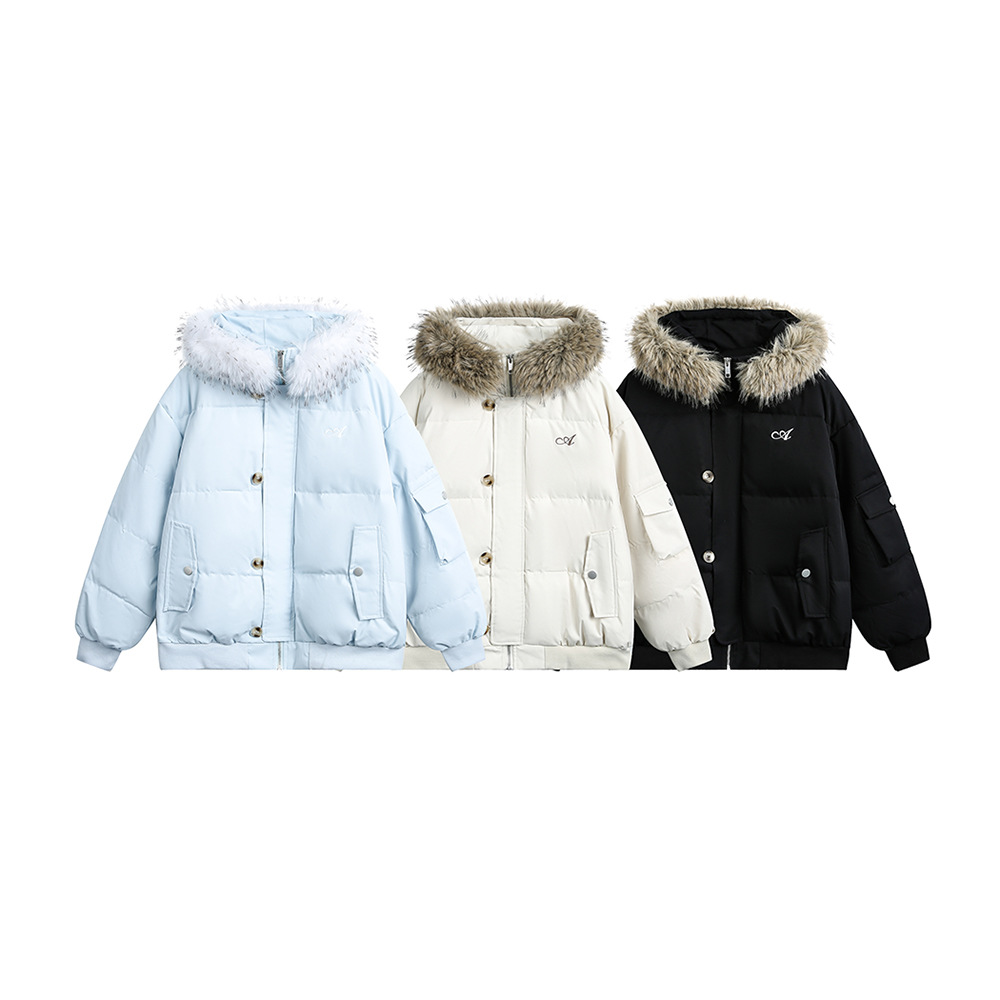 CATTEE American retro 90 white duck down collar hooded down jacket for men and women, a trend of short coats for winter warmth and warmth Item Picture