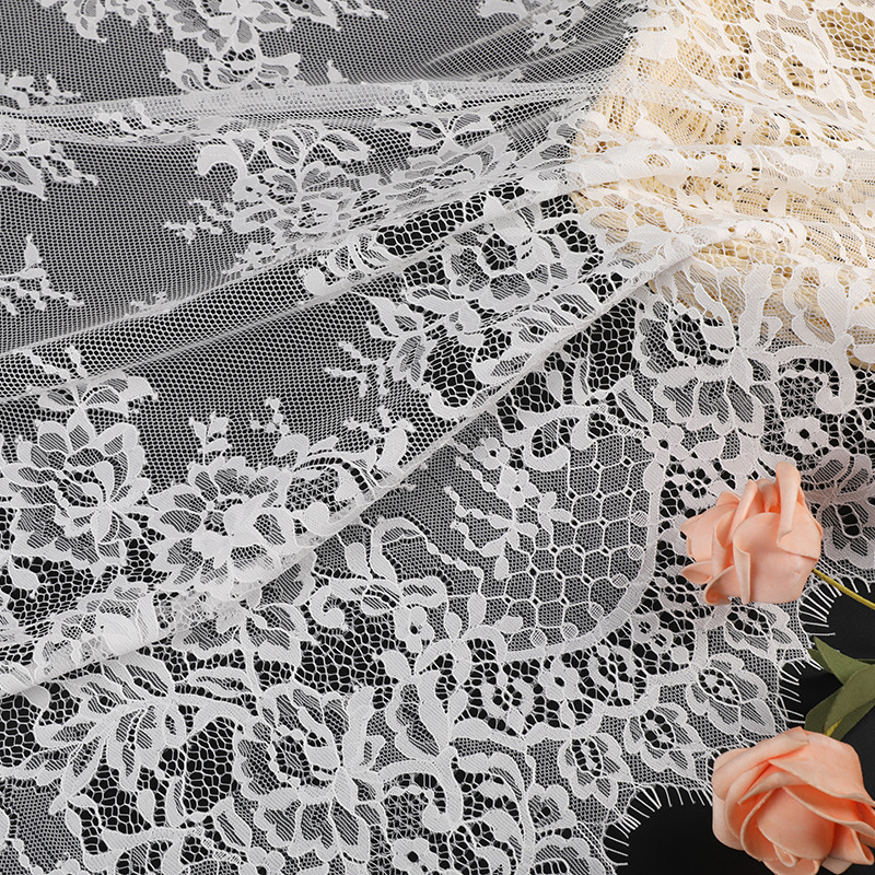 Eyelash lace fabric with hollowed-out patterns, nylon non-elastic lace fabric, wedding dress and skirt lace fabric