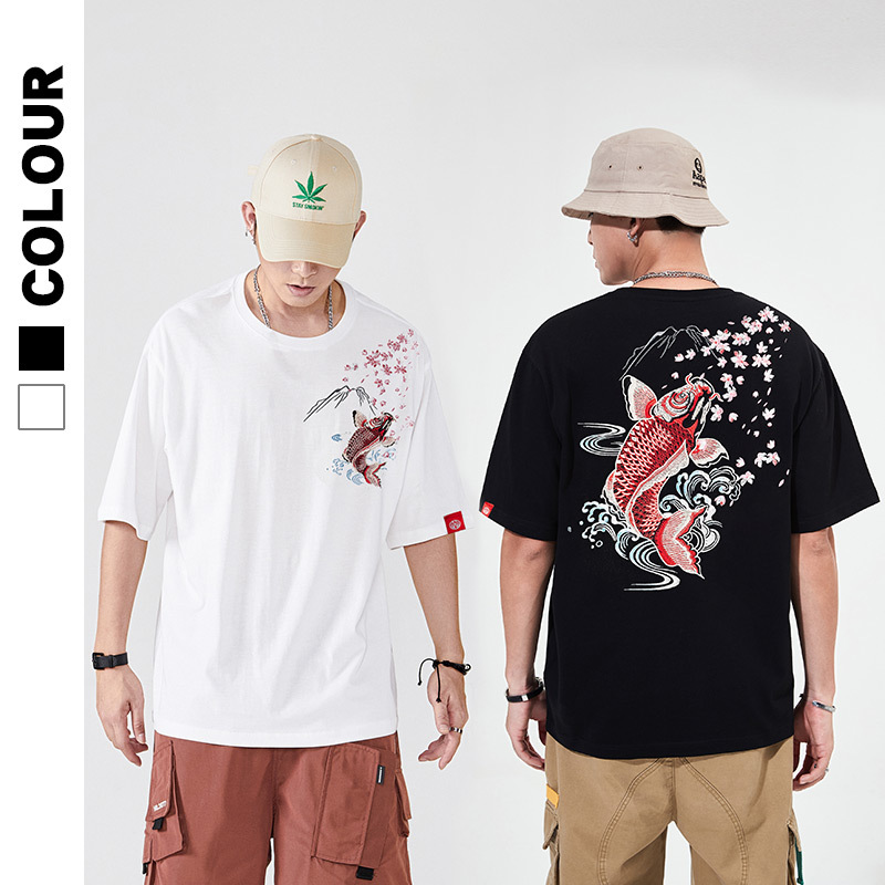 Summer new Chinese-style heavy embroidery carp pure cotton loose ethnic style men's short-sleeved T-shirts for men and women