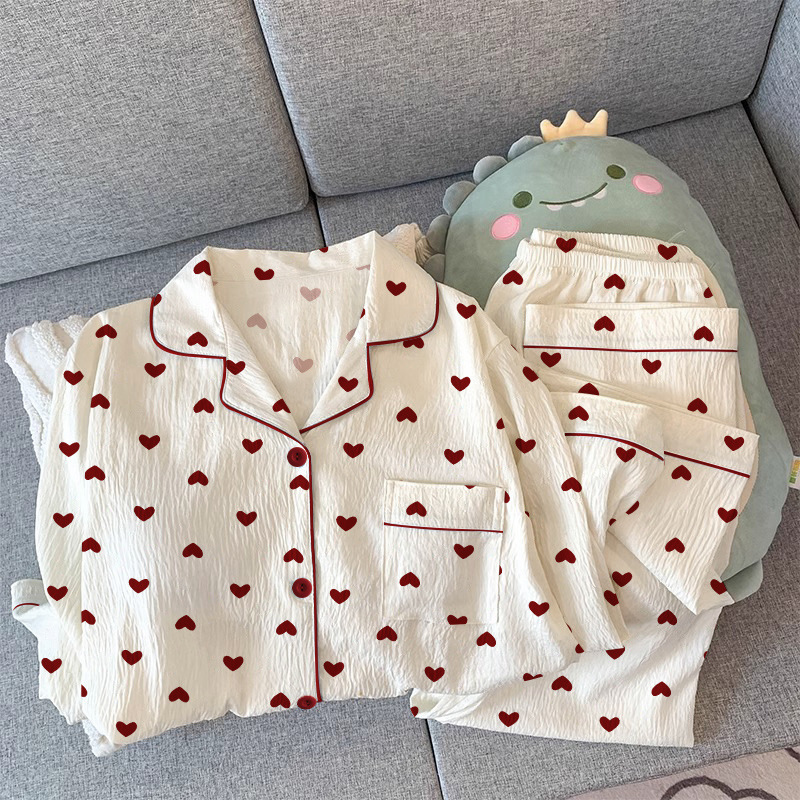 Gentle style girl's heart-shaped cardigan pajamas can be worn outside. Spring new wrinkled fabric home wear long-sleeved set wholesale Application Scenario