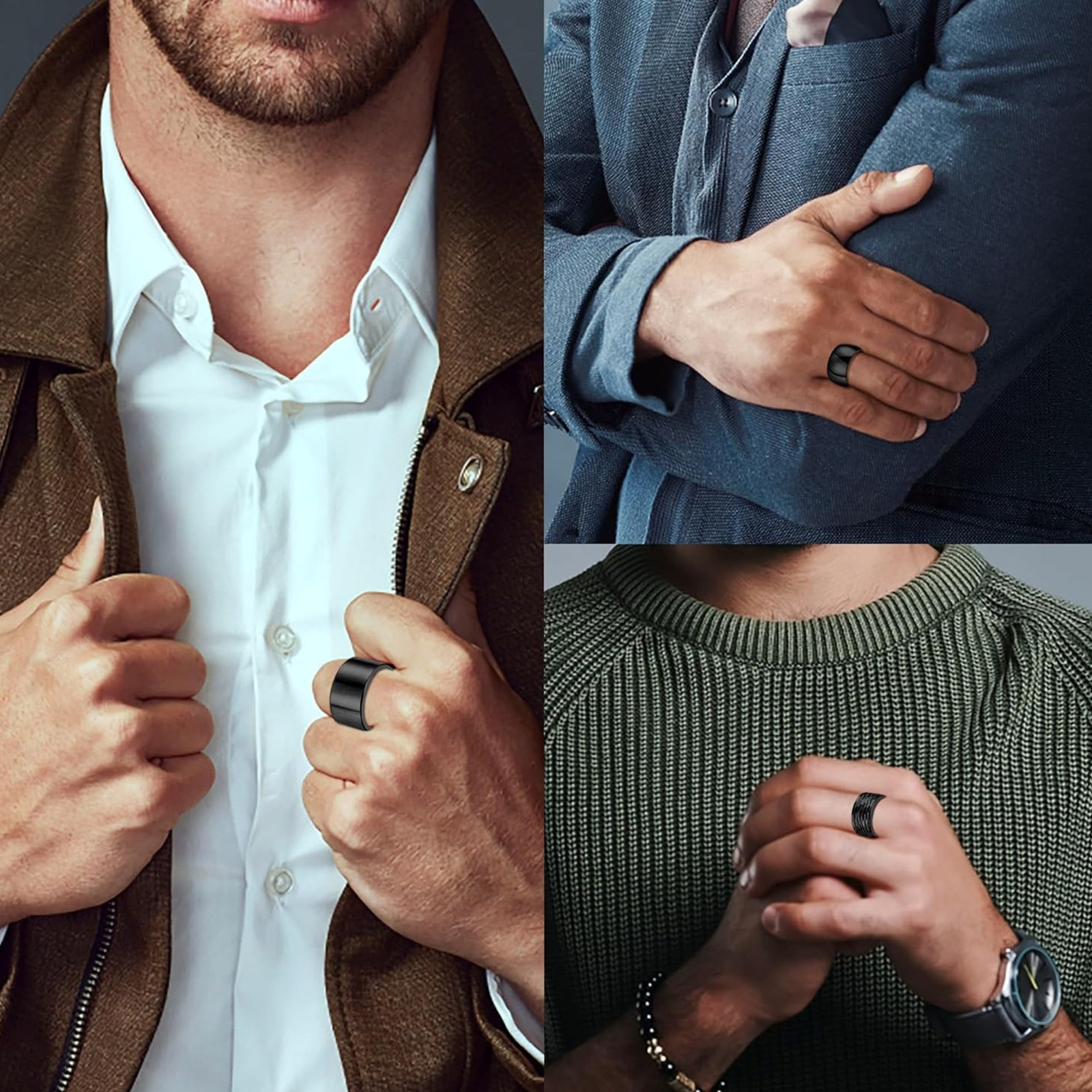 Amazon europa y Estados Unidos clásico accesorios hombres tres piezas conjunto de 12MM de ancho 304 acero inoxidable gran anillo anillo de tatuaje martillo Specification image