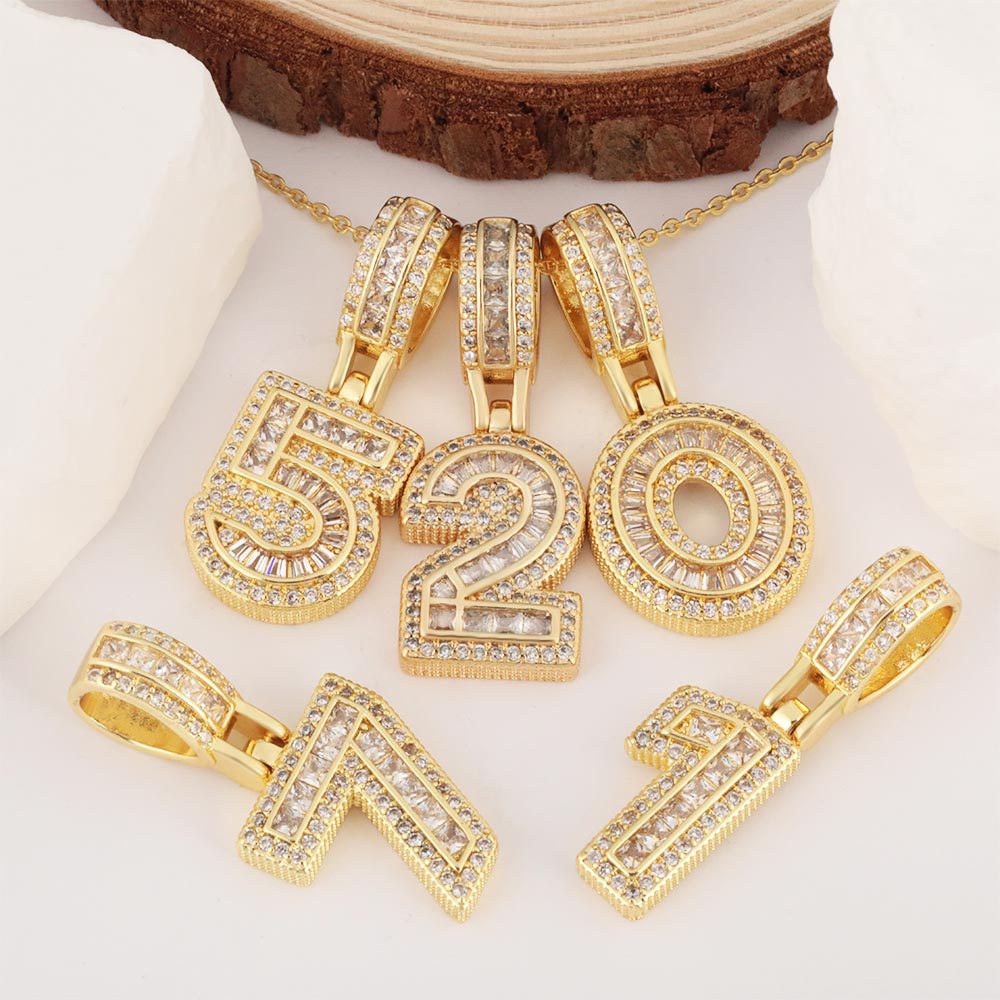 DIY European and American hip-hop accessories, copper pendant with numbers 0-9, couple's birthday gift, copper inlaid zircon necklace