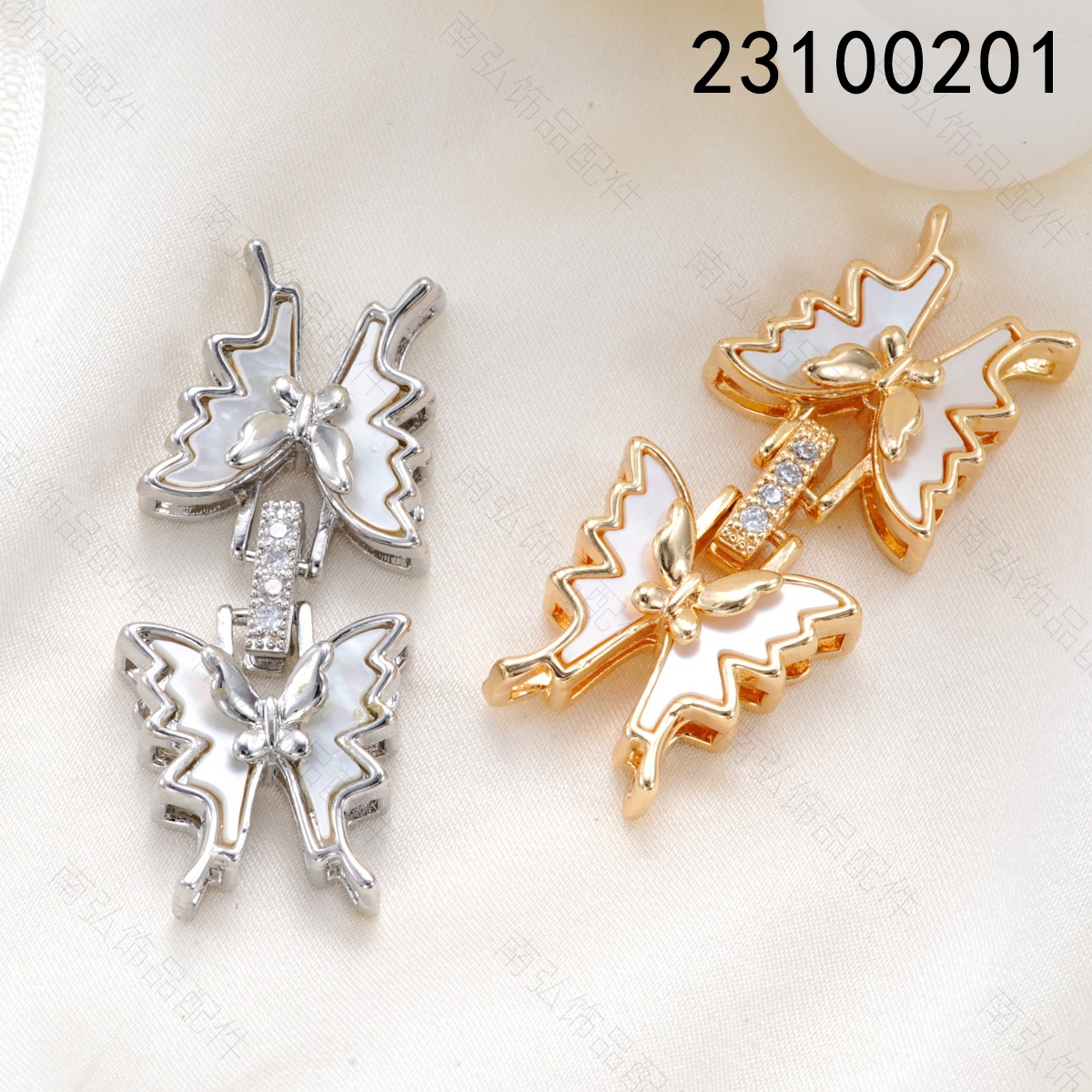 铜镀18k高保色镶白贝蝴蝶对扣珍珠项链扣头高级DIY饰品珠宝配件