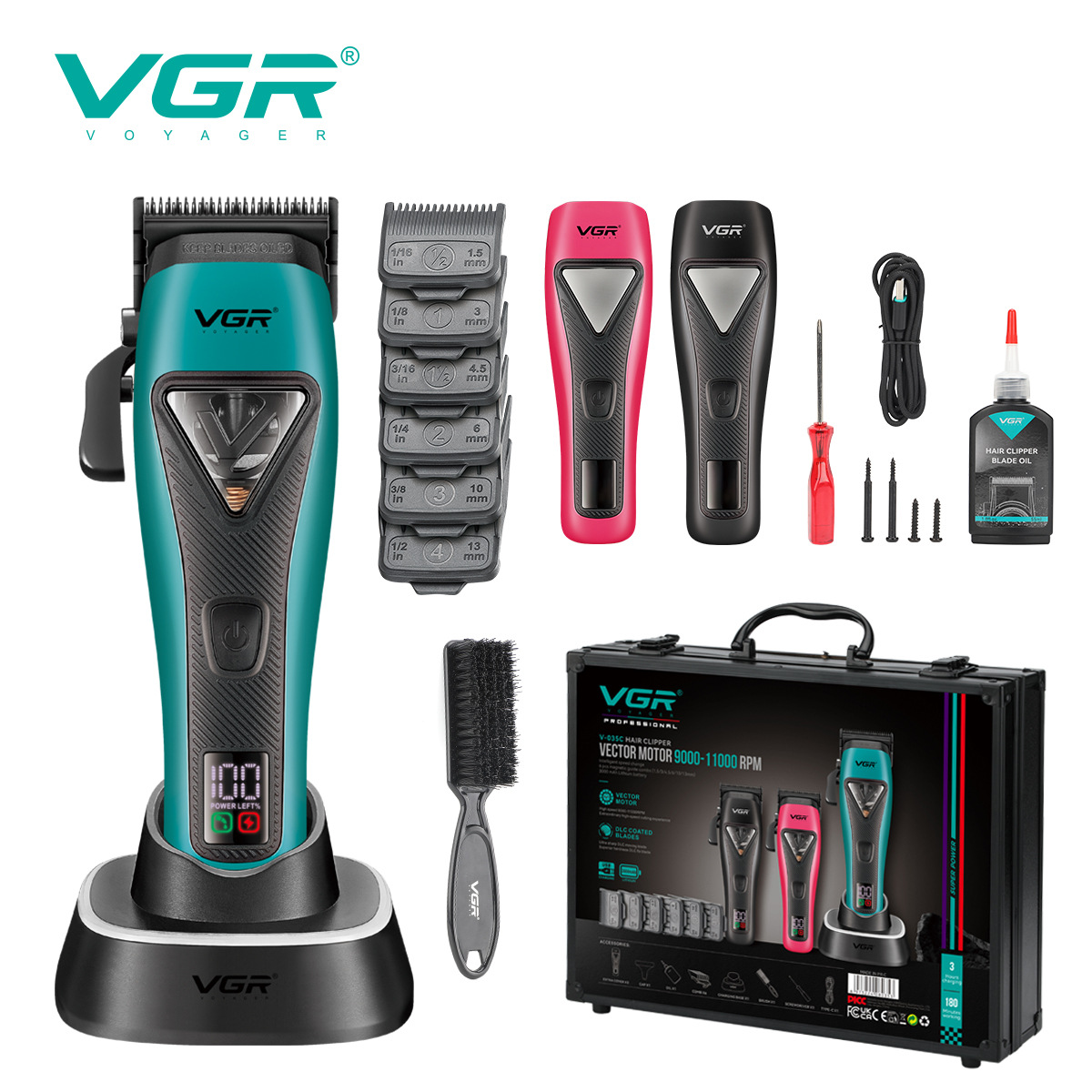 VGR035C跨境新款智能变速电动推剪专业电动底座款高速数显理发器