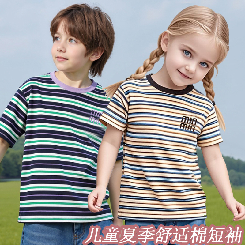 Summer new striped versatile men's and girls' short-sleeved trendy children's casual T-shirt, breathable, comfortable and loose version Application Scenario
