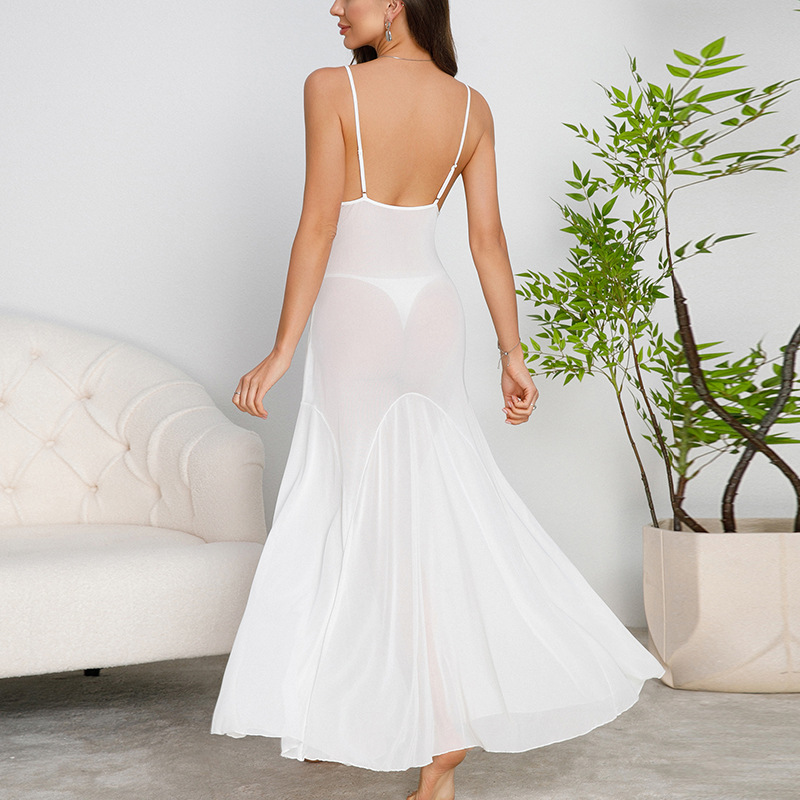 Mufei Cross-border Amazon metal chain shoulder strap halter long dress with a swing neck and sexy tulle sleeping dress available in multiple colors, 879 Specification drawing