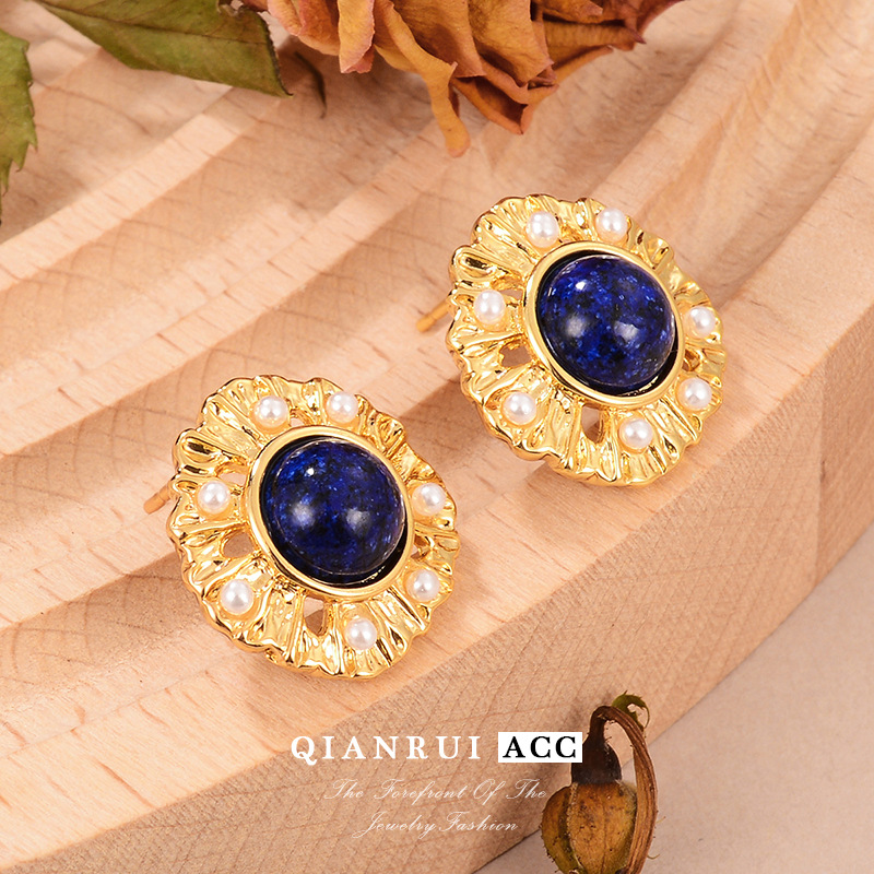 中古vintage饰品复古宫廷风天然石珍珠花卉高级感耳环气质小众女