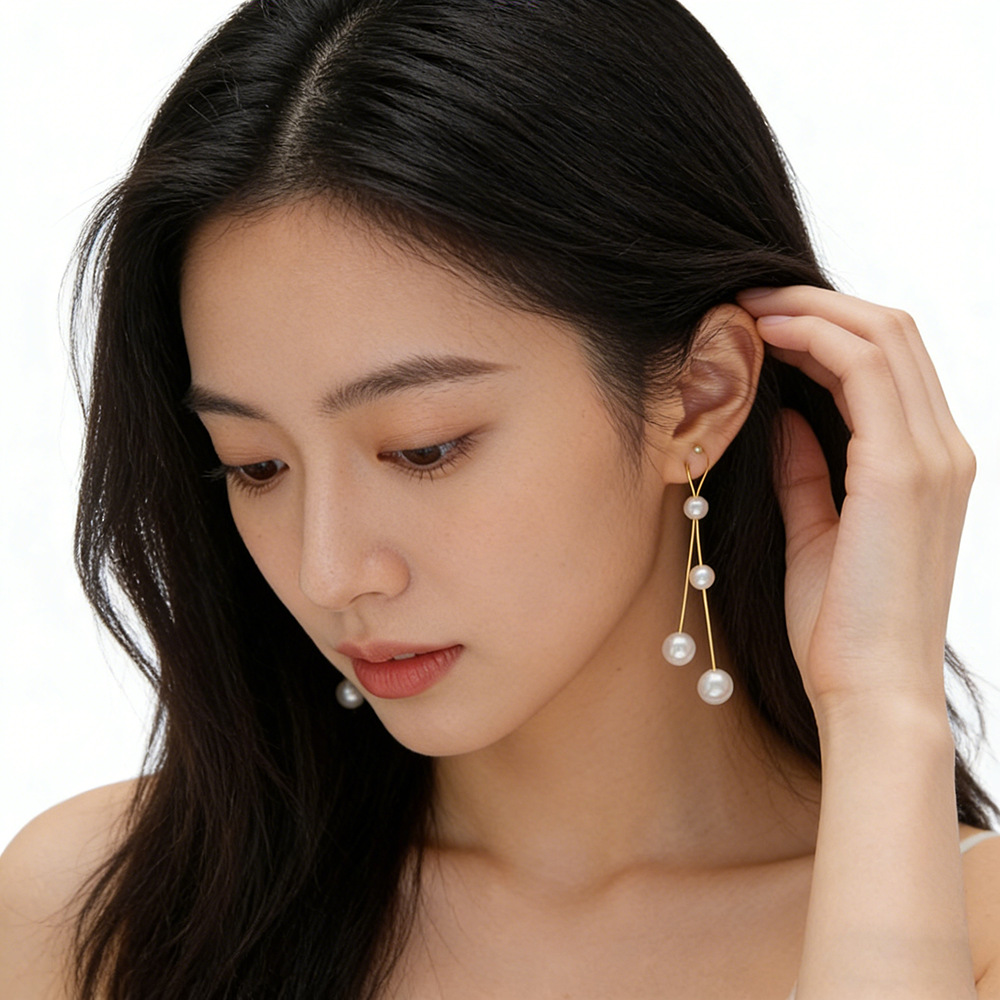 HyacinthS925 silver needle elegant long earrings for girls, sweet and trendy, pearl ear thread, simple earrings, tassels, real gold details Picture