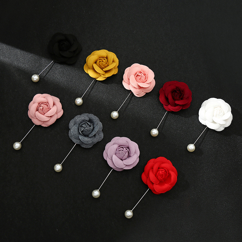 跨境玫瑰含苞花朵男士链条胸针花朵珍珠西装配饰NS风男士胸针饰品