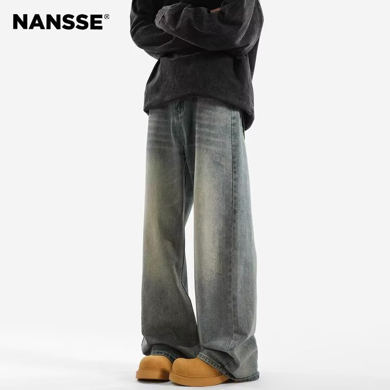 Spring and autumn washed American retro jeans, trendy men's spring trendy brand's heavyweight wide-leg pants, loose straight-leg trousers details Picture