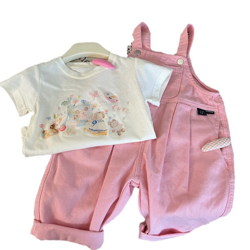 Korean children's clothing 2026 new summer girls' pink overalls, loose jumpsuits and cartoon T-shirts two-piece set, trendy Item Picture