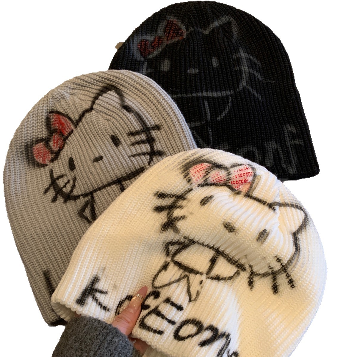 American hot girl kitty cat graffiti cold hat for women, warm knitted woolen hat for autumn and winter, face-showing small headscarf hat Item Picture