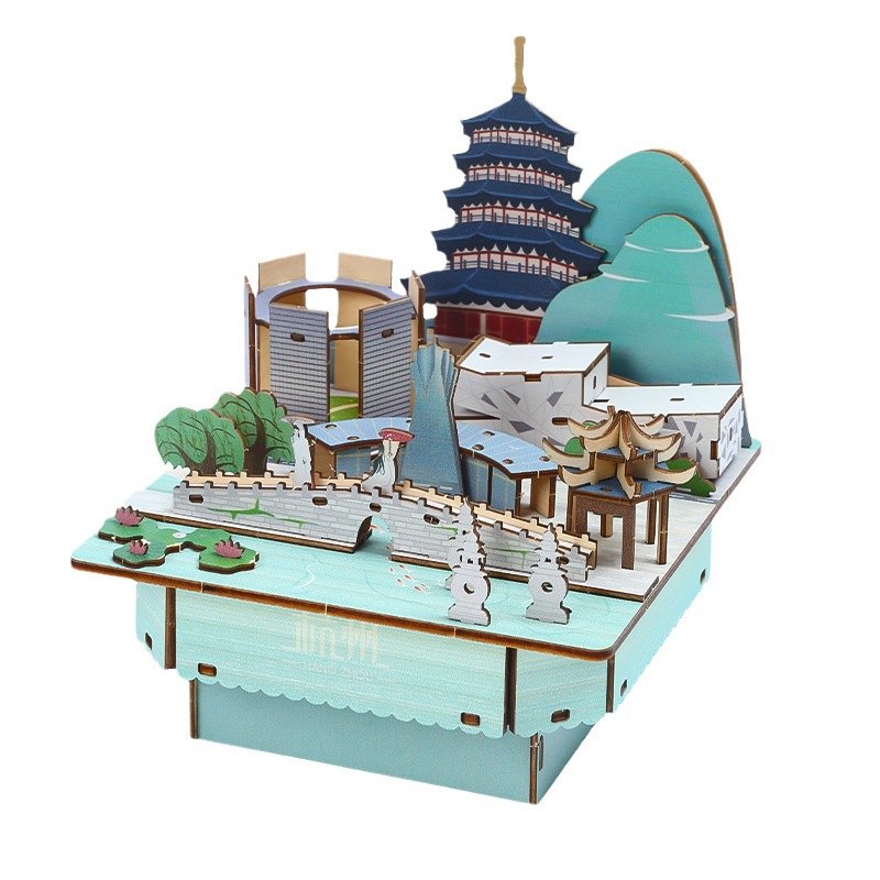 Chaotong Wholesale Poetry and painting Hangzhou music box, West Lake Leifeng Pagoda Miniature three-dimensional assembly decorative items, wooden commemorative toys Item Picture