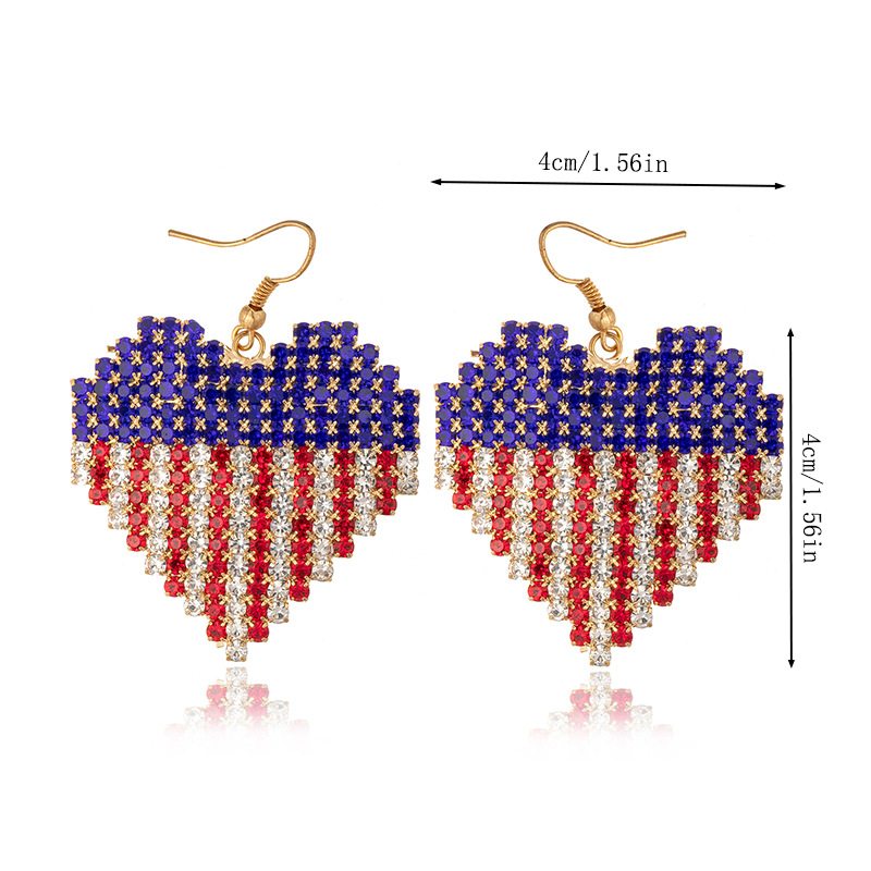 European and American cross-border heart-shaped earrings, American flag color water diamond double-layer heart-shaped earrings, women's claw chain jewelry pendant, long and simple full-diamond earrings Application Scenario