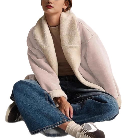 Women's Suede Jacket, Lambskin Casual Coat, Loose Lapel, Warm Winter Coat With Pockets X0050 Item Picture