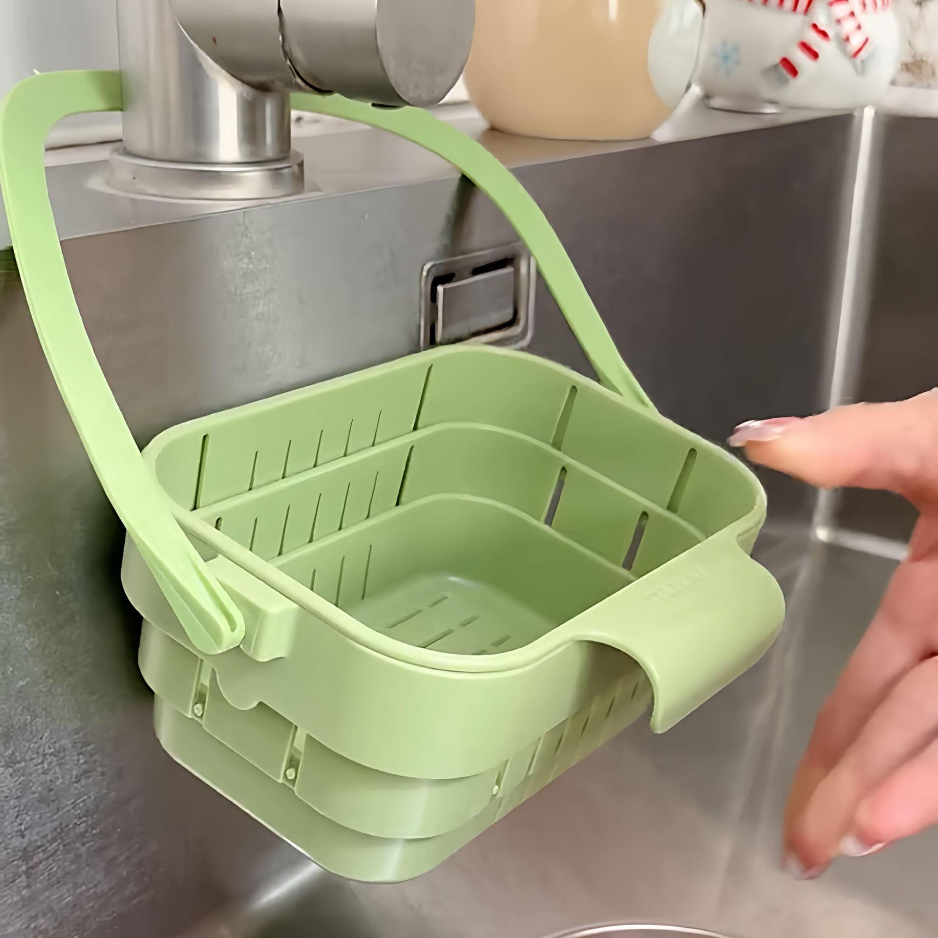 Hanging folding and retractable draining basket, kitchen sink, food residue separation filter basket, fruit washing and storage basket