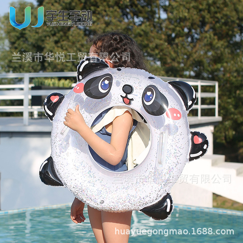 Handle sequined children's swimming ring, thickened cartoon panda lifebuoy for toddlers, transparent printed baby armpit ring