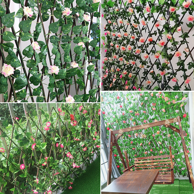 Simulación valla rosa planta pared de flores pérgola con hojas valla telescópica pastoral valla de flor falsa decoración de balcón Application Scenario