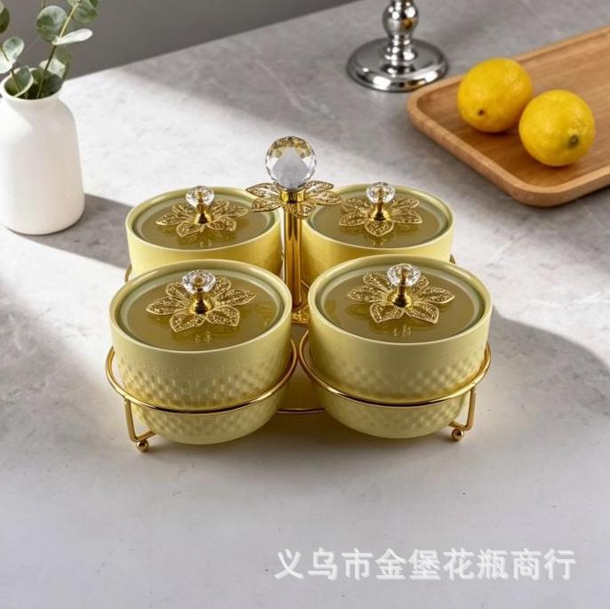 High-quality appearance level four-compartment ceramic snack can, crystal handle nut storage box, wedding souvenir fruit box supply Specification image