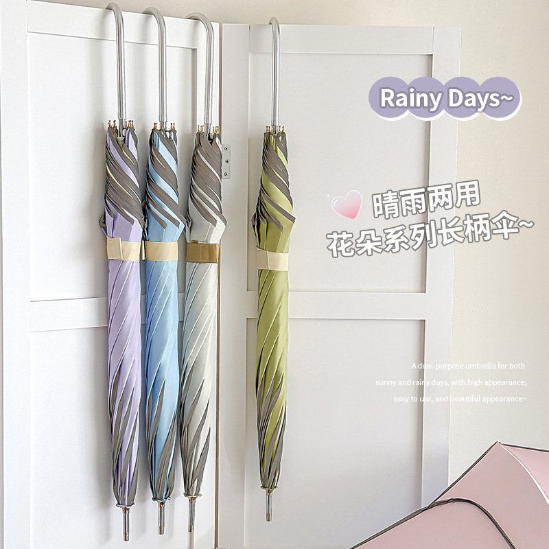 The new 8-bone petal umbrella with a straight stem and curved handle is an automatic umbrella for girls. It has a high appearance level, enhanced reinforcement, and provides sun protection and UV protection Specification image