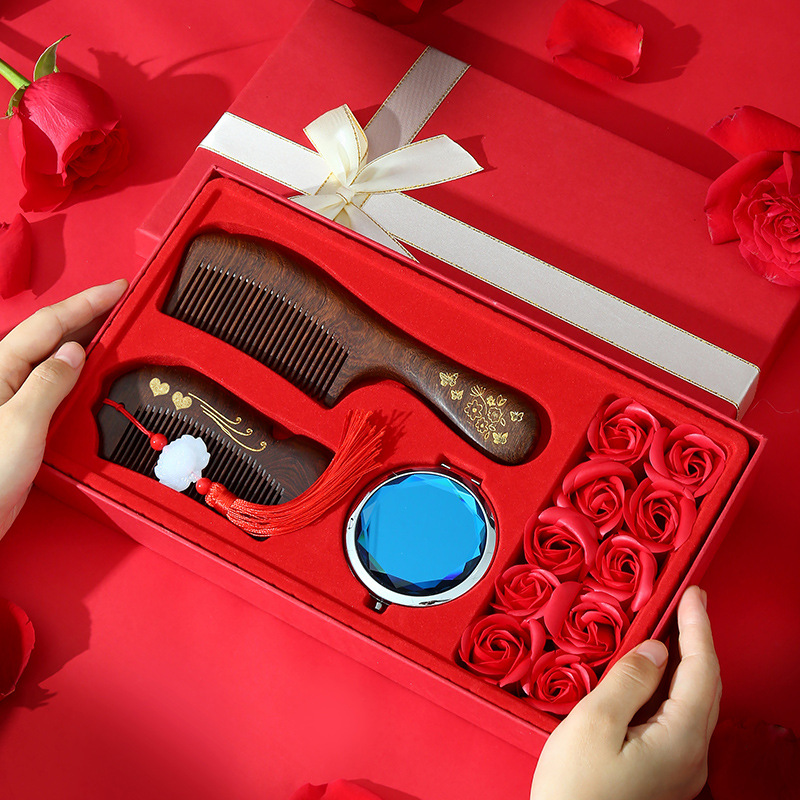 Mother's gift for girlfriend: Silk scarf, sandalwood comb set gift box, birthday present, wife's wedding gift full figure