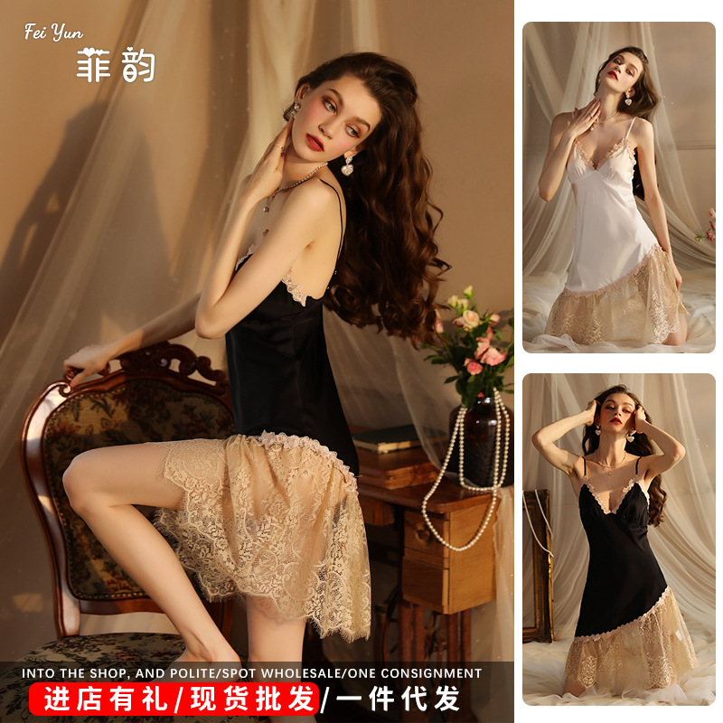 Feiyun Sexy Pajamas and Underwear Satin Lace Halter Dress Pajamas Women's Home Wear Halter Temptation Wholesale 418