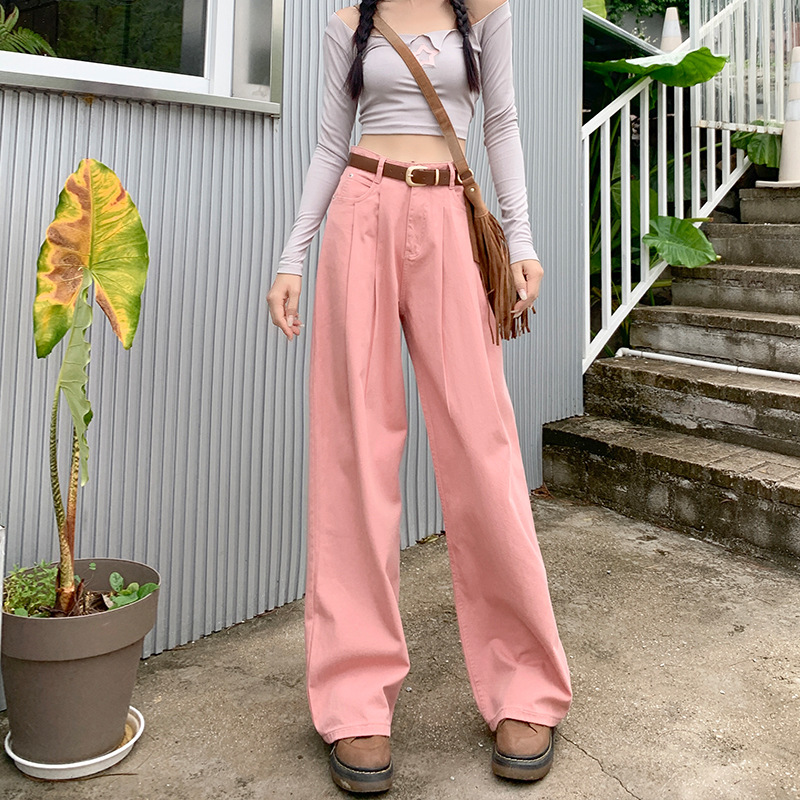 Dirty pink wide-leg jeans for women, 2024 new summer American bestseller, pleated, high-end, loose, drape floor-length pants Specification image