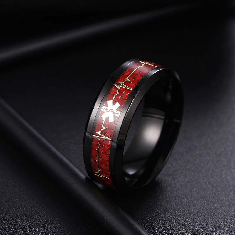 Half-price clearance: Red carbon fiber medical logo titanium steel ring, new Life Heart jewelry for men Specification image