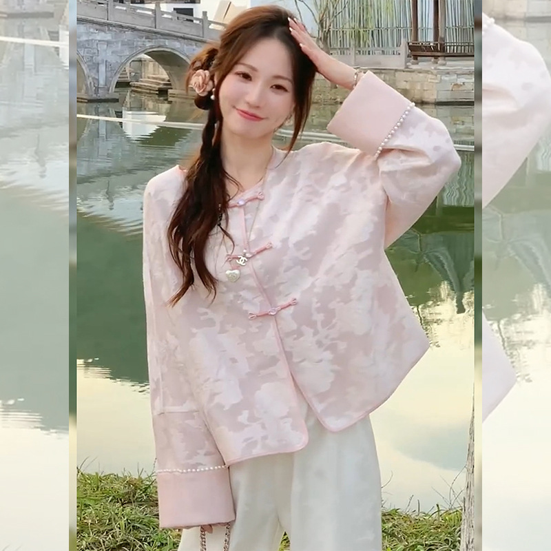 【国潮】新中式女装国风年轻款唐装小个子短款粉色盘扣外套女春秋
