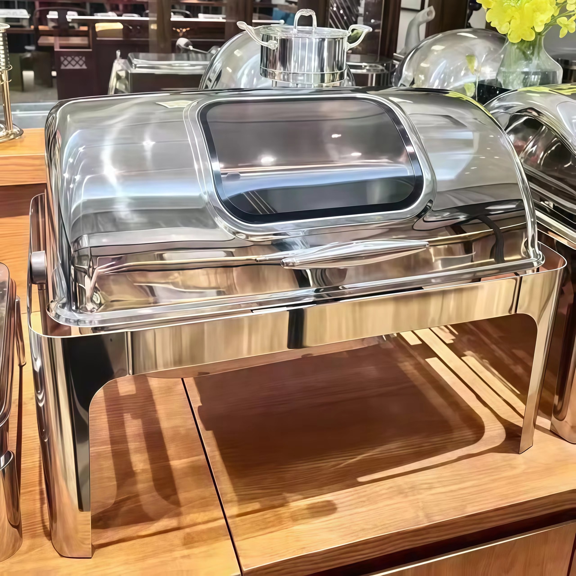 Stainless steel insulated pot buffet stove, glass window electric heating, 9-liter capacity, white/silver, commercial hotel restaurant details Picture