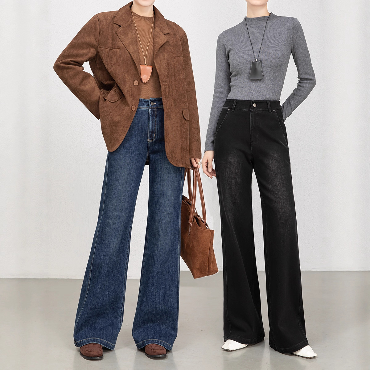 花千瓣高腰微喇牛仔裤女2025秋季新款四面弹宽松显瘦筒喇长裤8197