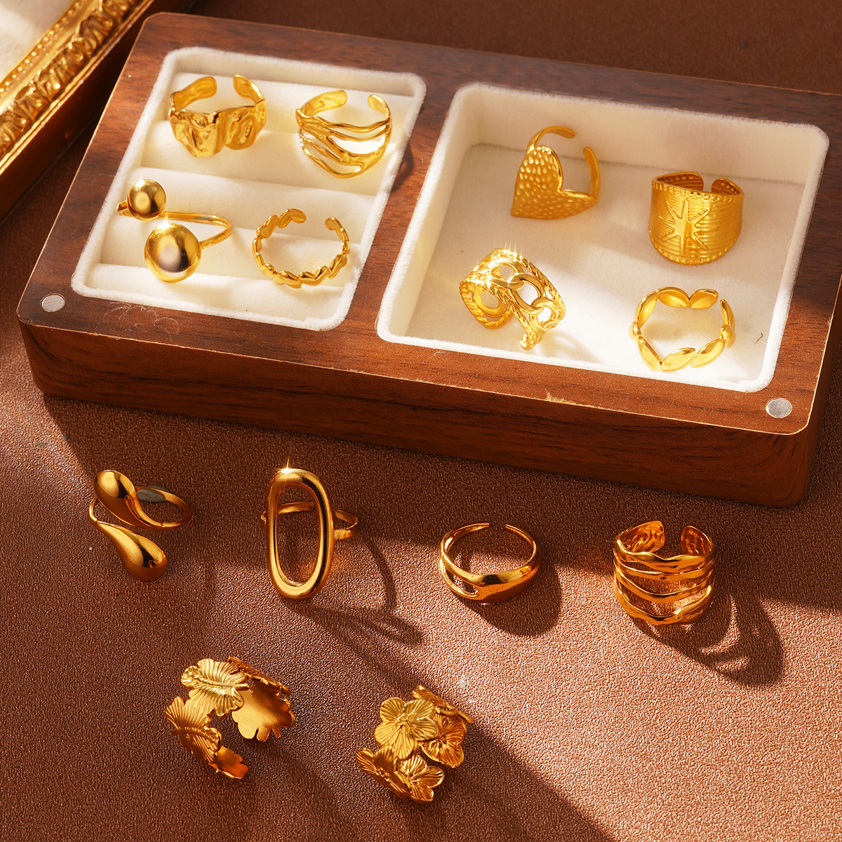 Cross-border European and American fashion golden titanium steel geometric opening adjustable ring, a niche and high-end stainless steel ring