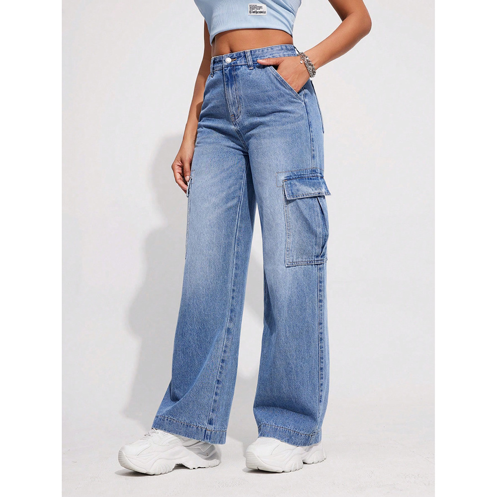 Wholesale cross-border European and American style flip-top large pocket work jeans for women, loose and casual straight-leg versatile long pants Item Picture