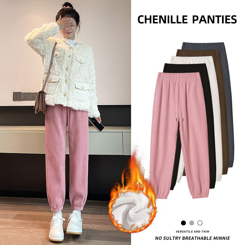 White Chenille sportswear women's pants for autumn and winter 2025 new style, with fleece and thickened ultra-thick corset sweatpants for outerwear Specification drawing