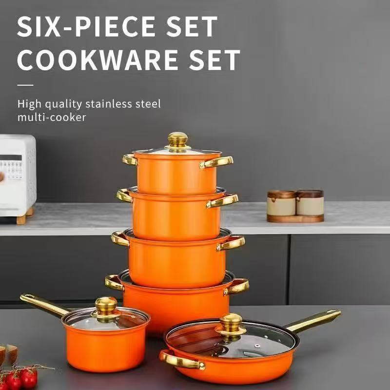 Cross-border 12-piece cookware set: Stainless steel milk pot, soup pot, frying pot combination, Gold-plated handle pot Cookware set