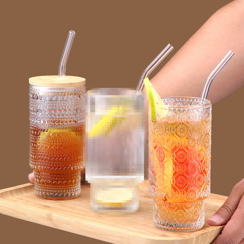 Cross-border Amazon water cup, creative and simple vertical pattern stacked cup, high appearance level, juice drink straw, double-drinking glass cup Specification image