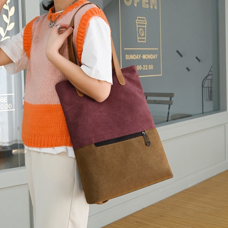 新款撞色复古帆布包简约女休闲包大容量单肩斜跨包时尚潮流手提包细节图