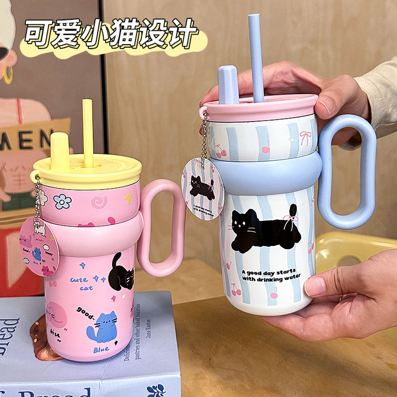 Large-capacity insulated cup for girls, new office water cup, giant student, high appearance level, with handle straw cup details Picture