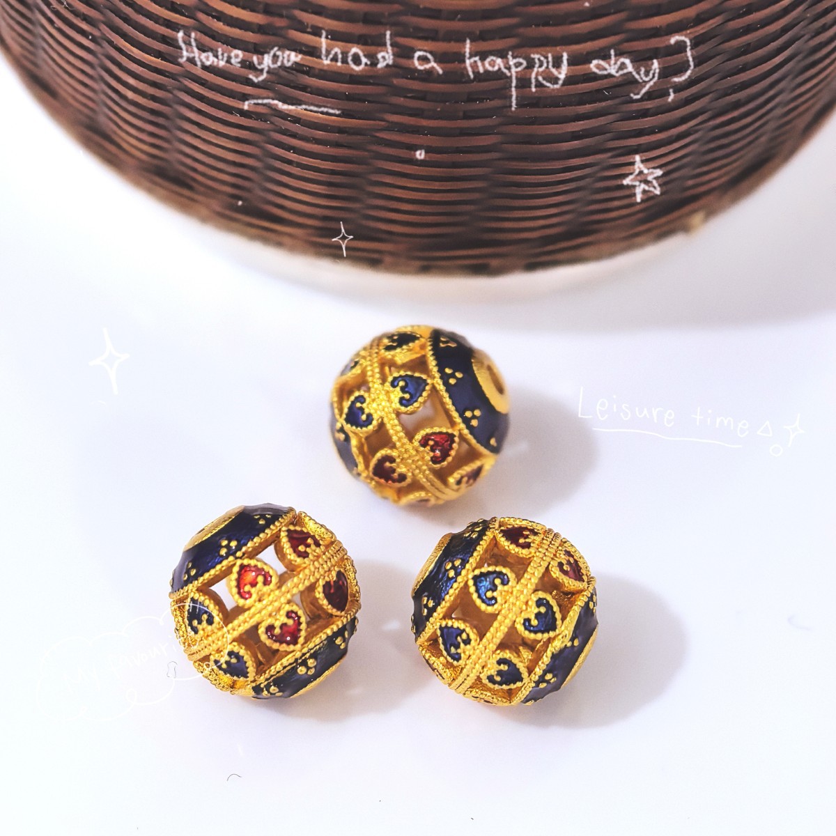 Ancient method sand gold good luck round bead enamel color firing blue oil drip separator bead DIY Specification image