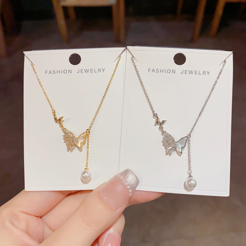 韩版气质时尚轻奢甜酷风贝壳蝴蝶珍珠流苏项链个性甜美百搭锁骨链