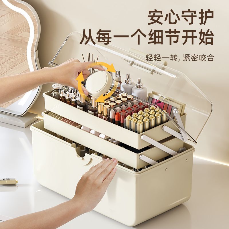Cosmetics storage box, cross-border folding three-layer transparent visible large-capacity desktop magic tool, compartments and organization box Application Scenario