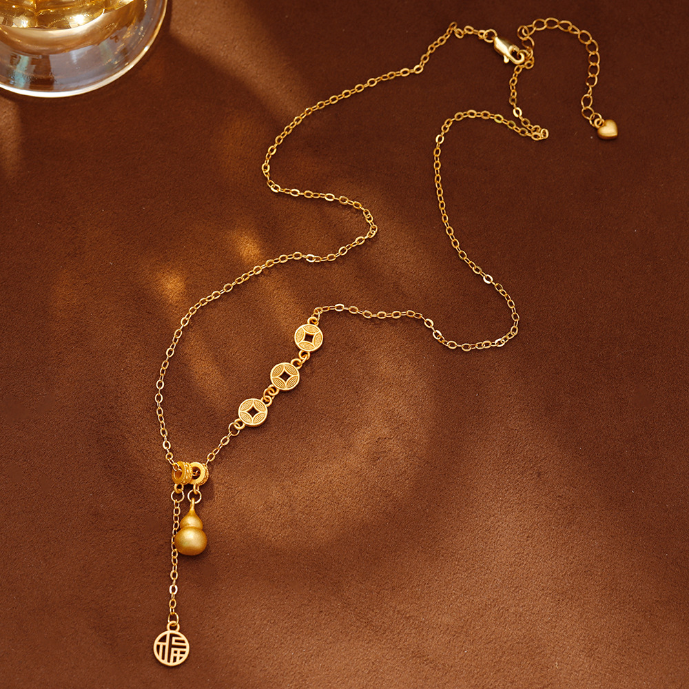 Hyacinth Douyin Live-streaming bestseller "Fu" character gourd pendant necklace for women, ancient method sand gold Five Emperors coin sweater chain, autumn and winter accessories details Picture