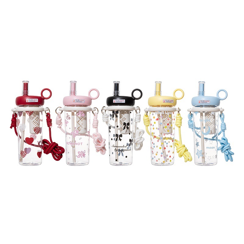 Pink and red straw cup, children's plastic water cup, cartoon slanted cross cup Item Picture