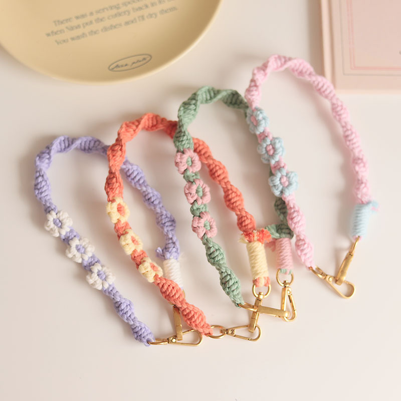 ins hand-woven flower-colored keychain pendant, bag replacement, cotton rope, mobile phone lanyard, chain for women details Picture